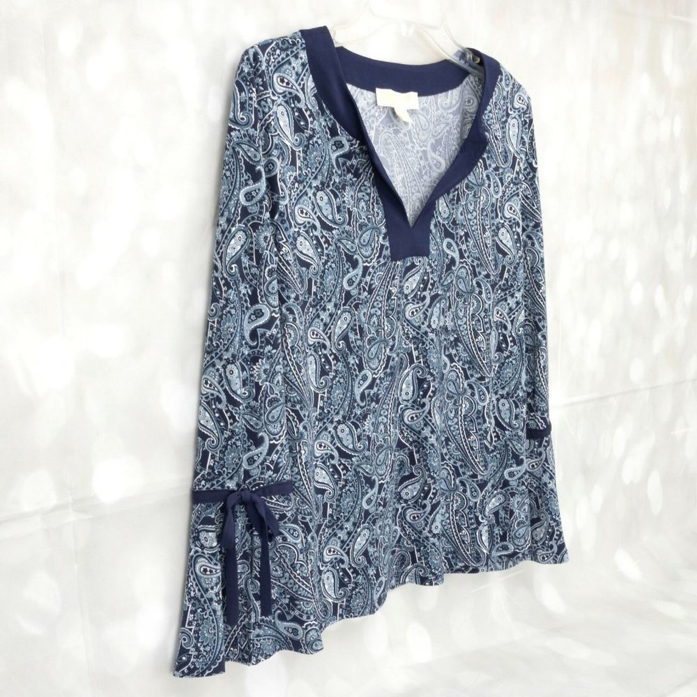 Michael Kors Paisley V-Neck Pull Over Long Sleeve Blouse Top W/Sleeve Ties - Picture 3 of 7